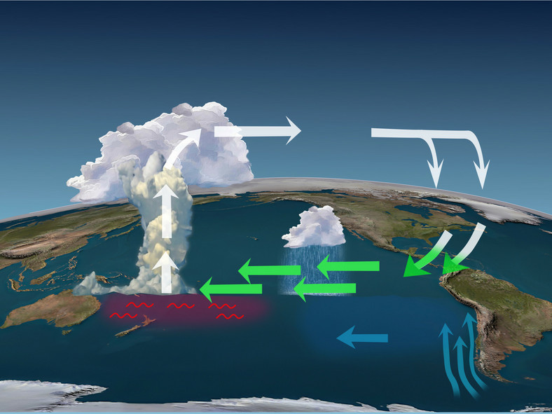 Ilustracja przedstawiająca warunki, które doprowadziły do zjawiska pogodowego znanego jako La Nina