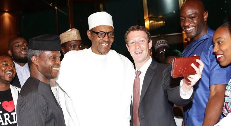 Facebook's Mark Zuckerberg takes a selfie with President Buhari and VP Osinbajo as he visits the country in 2016 (Presidency)