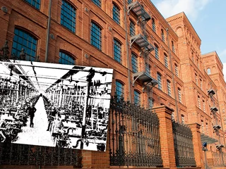 Dziś Manufaktura mieści centrum handlowe. Kiedyś była w niej wielka tkalnia. Na zdjęciu jej wnętrze w 1906 roku