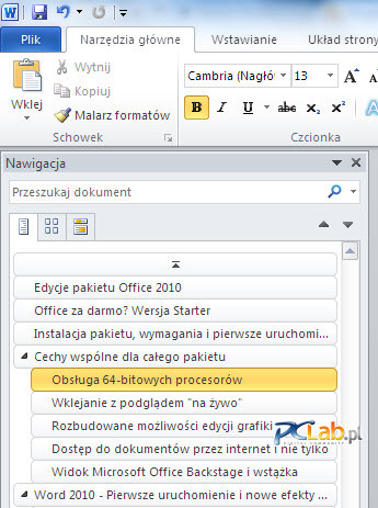 MS Word 2010 – zaznaczony element struktury dokumentu w oknie nawigacji 