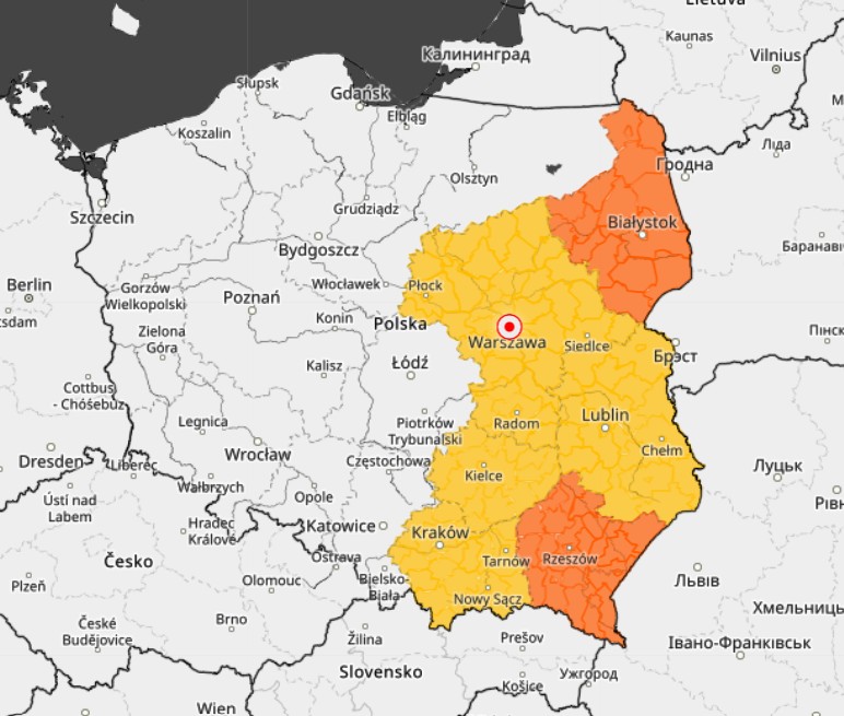 Środa 30 sierpnia: burze z gradem (żółty kolor), upały (pomarańczowy).