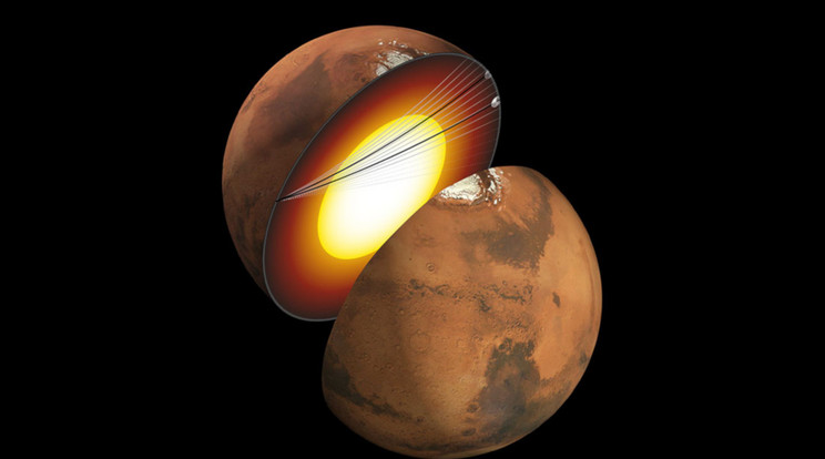 A Mars metszetének artisztikus koncepciója azt mutatja meg, hogy 2021-ben két különálló földrengés szeizmikus hullámai milyen utat jártak be. Ezek a NASA InSight missziója által észlelt szeizmikus hullámok voltak az elsők, amelyek egy másik bolygó magján keresztül terjedtek. Az InSight szeizmométere lehetővé tette a tudósok számára, hogy tanulmányozzák ezeket a hullámokat, és példátlan pillantást nyerjenek a marsi magra. Ennek alapján nem csak a bolygó történetét rekonstruálhatják, de arról is képet kaphatnak, hogy miért különbözik annyira a Földtől. / Fotó: NASA / JPL-Caltech / University of Maryland