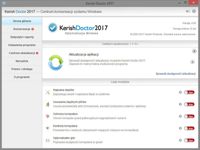 Główne okno programu do oczyszczania i optymalizacji Windows - Kerish Doctor 2017