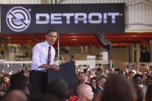 U.S. President Obama delivers remarks after his tour of the Daimler Detroit Diesel plant in Redford