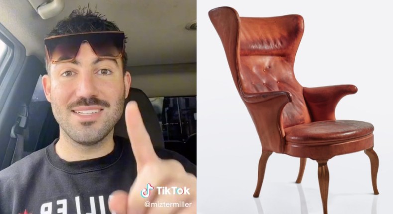 TikTok user Justin Miller sold this rare chair for over $100,000 at auction.Tiktok/@miztermiller; Sotheby's