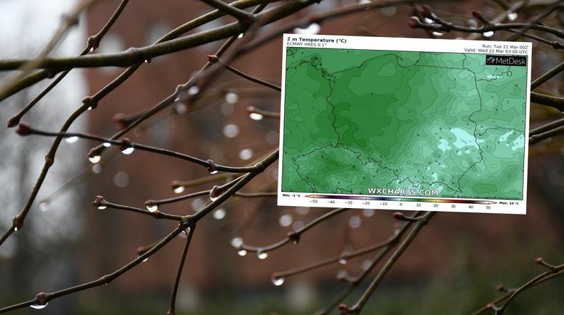 We wtorek zrobi się chłodniej i miejscami pojawi się deszcz (mapa: wxcharts.com)