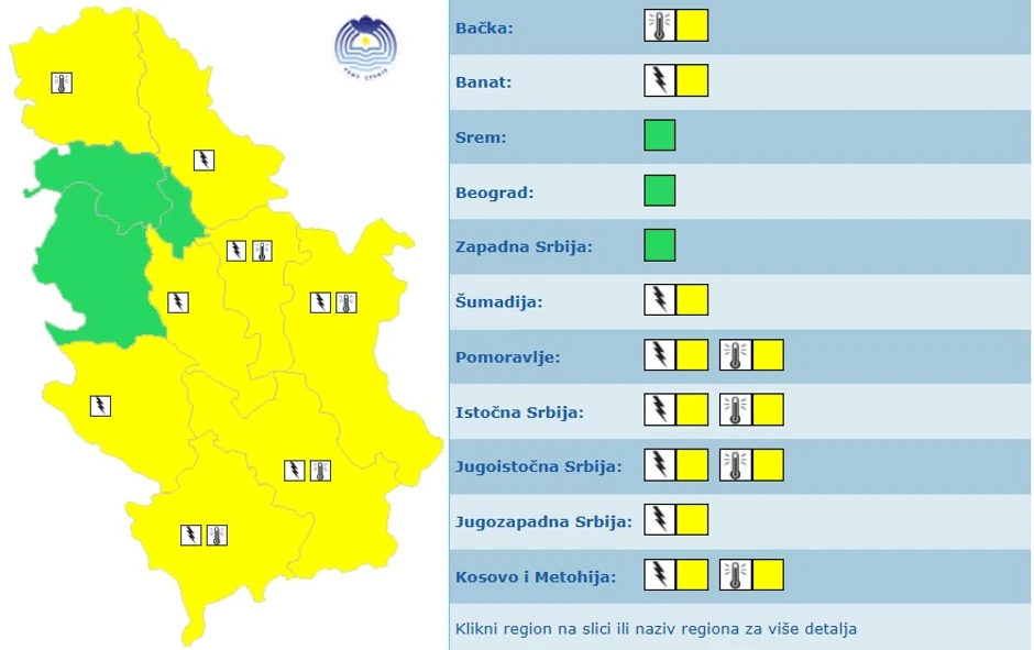 RHMZ meteoalarm za ponedeljak, 27. jul