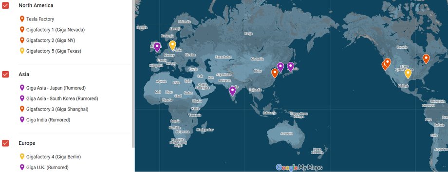 Tesla mapa fabryk istniejących (kolor pomarańczowy - zbudowane, kolor żółty - w budowie) i planowanych (kolor fioletowy)