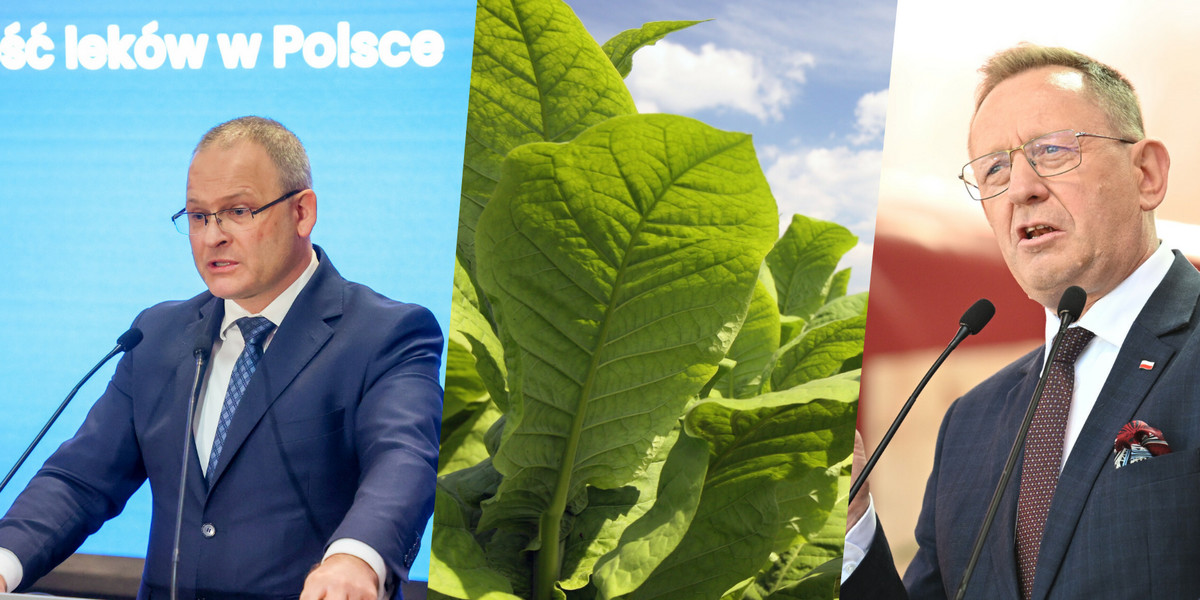 Ministerstwo zdrowia chce ograniczać nikotynizm, ministerstwo rolnictwa wspierać branżę tytoniową. Po prawej wiceminister zdrowia Maciej Miłkowski, po lewej minister rolnictwa Robert Telus.