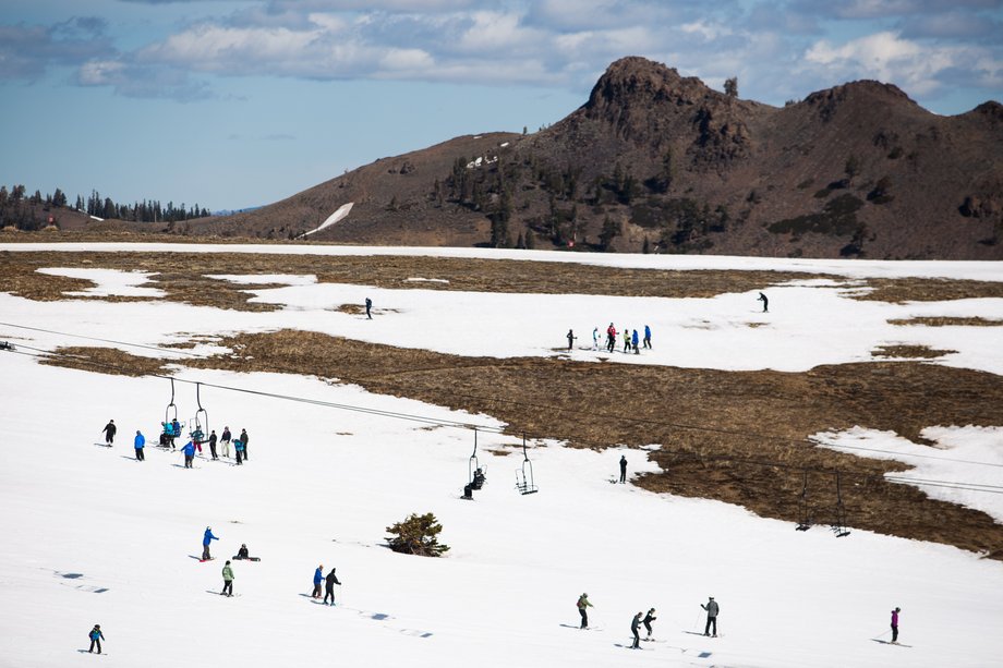 A Lake Tahoe ski resort had far less snow than usual this season, as seen in this photo from March.