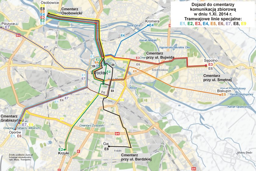 Schemat komunikacji tramwajowej na Wszystkich Świętych 2014