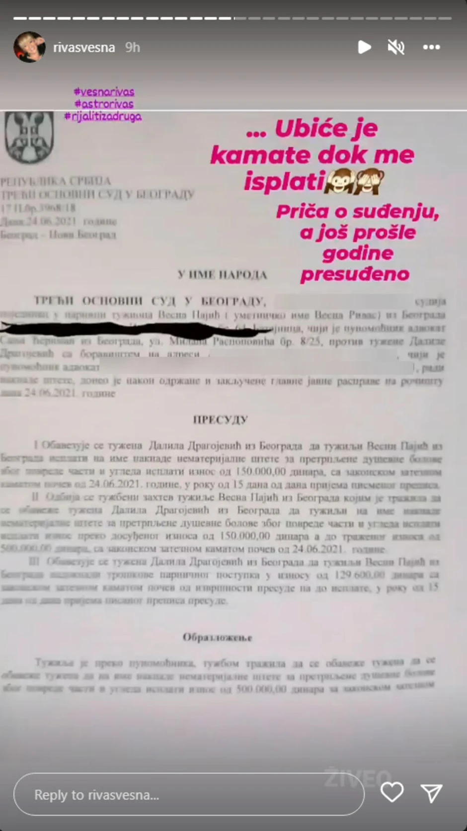 Vesna Rivas dobila Dalilu na sudu