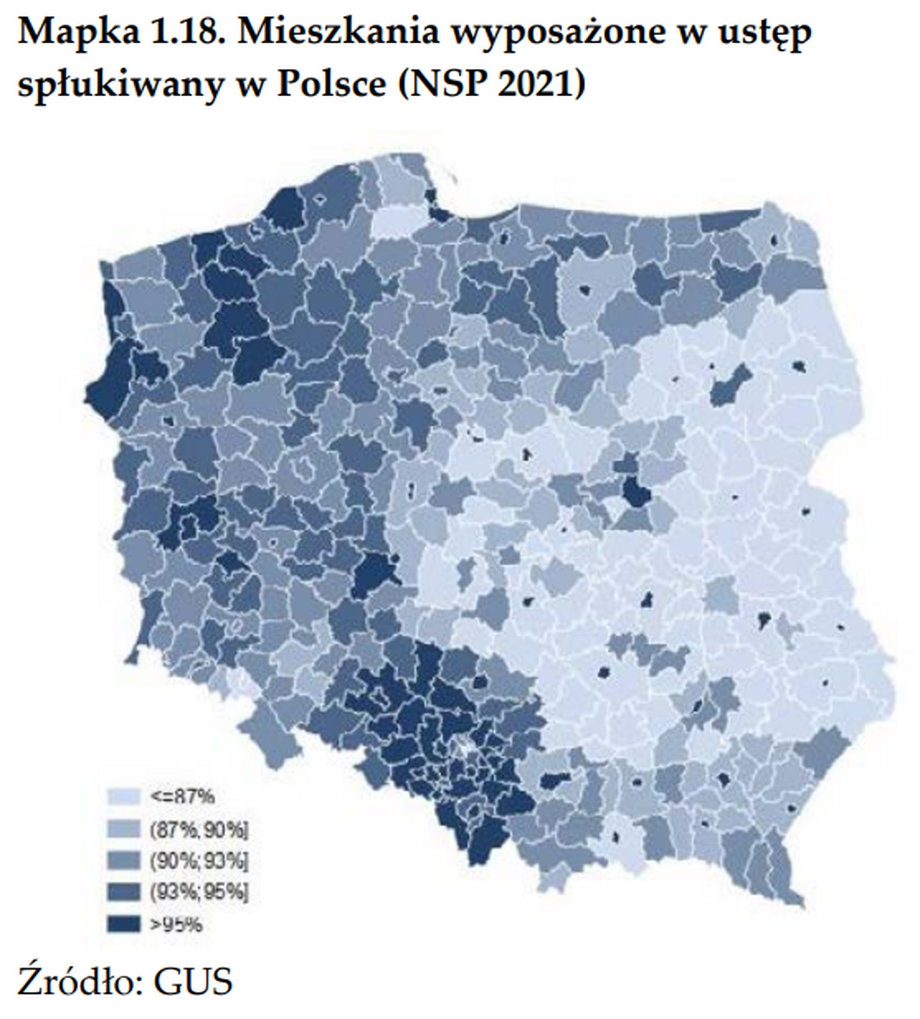 Najwięcej mieszkań niewyposażonych w toaletę jest we wschodniej części Polski. 