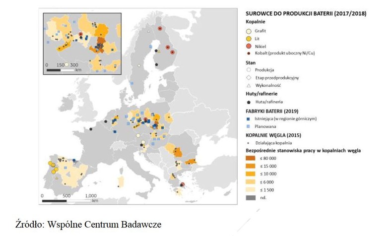 Kopalnie surowców do produkcji baterii, fabryki baterii i kopalnie węgla. Źródło: Informacja KE z 3.09.2020