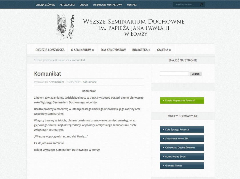 Ciało 21-letniego kleryka Wyższego Seminarium Duchownego w Łomży znaleziono na strychu budynku