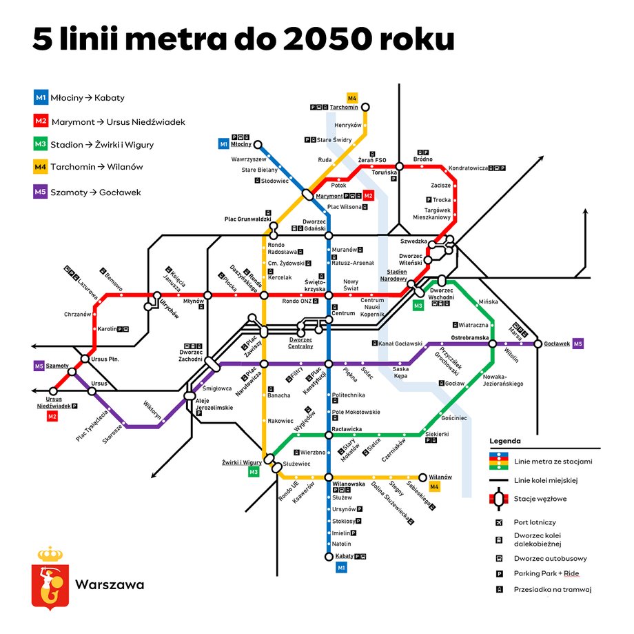 Warszawa ma nowy plan rozwoju transportu szynowego. Pięć linii metra do  2050 r. [MAPA]