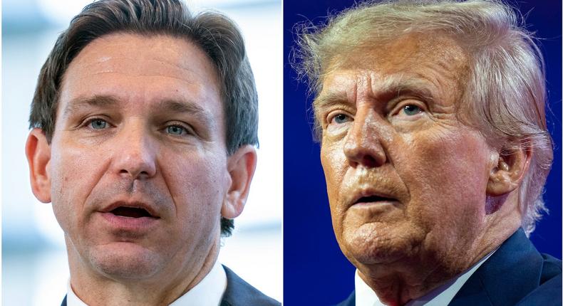 This combination of photos shows Florida Gov. Ron DeSantis speaking on April 21, 2023, in Oxon Hill, Maryland, left, and former President Donald Trump speaking on March 4, 2023, at National Harbor in Oxon Hill, Md. DeSantis and Trump will share the spotlight in Iowa on Saturday, May 13, providing a chance to sway influential conservative activists and contrast their campaign styles in Republicans' leadoff voting state.Alex Brandon, File/AP Photo