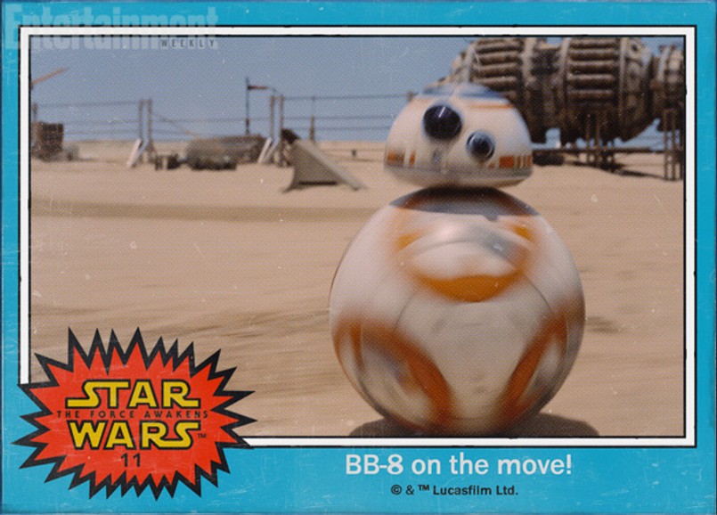 Z kart dowiadujemy się, że Oscar Isaac gra postać o imieniu Poe Dameron, Daisy Ridley wciela się w Rey, John Boyega gra Finna, a nieznany Sith z nowym mieczem świetlnym to Kylo Ren. Droid przypominający piłkę nożną to zaś BB-8. Pojawił się na nich również Sokół Millenium