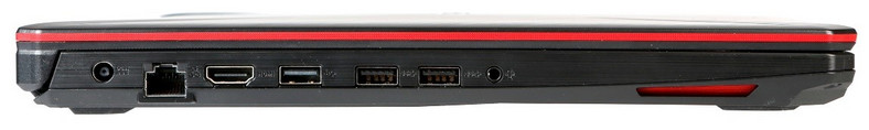 Urządzenie wyposażono w trzy gniazda USB, port HDMI, złącze audio i LAN. Wszystkie te gniazda zlokalizowano na lewej ściance laptopa