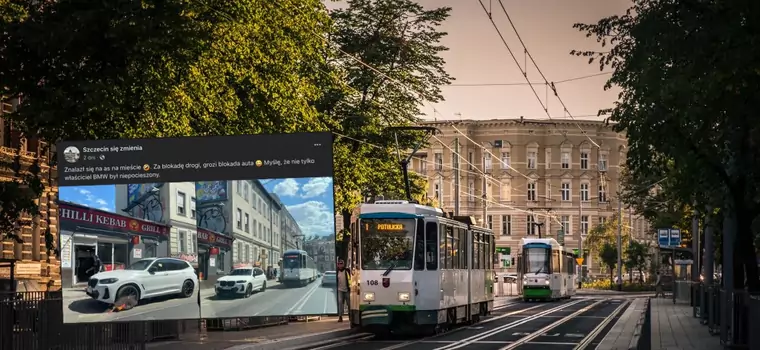 BMW zatarasowało tramwaj, a Straż Miejska założyła mu blokadę. Internet się śmieje, a to jednak miało sens