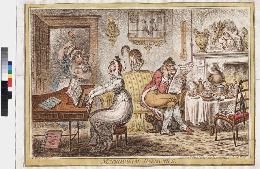 Karykatura Jamesa Gillray'a z 1805 r. pt. "Małżeńska harmonia". (Lewis Walpole Library, Yale University, USA)