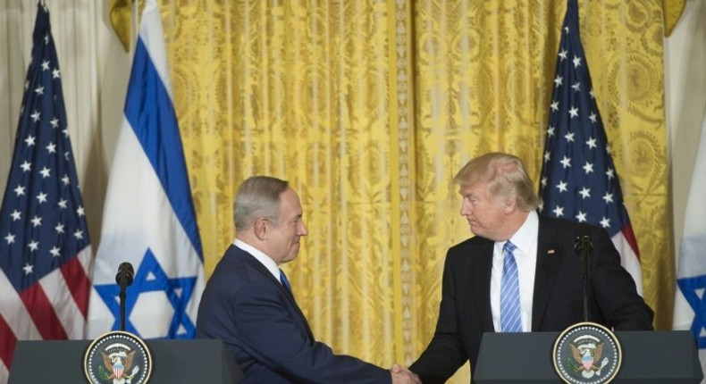 US President Donald Trump (R) and Israeli Prime Minister Benjamin Netanyahu hold a joint press conference in the East Room of the White House on February 15, 2017