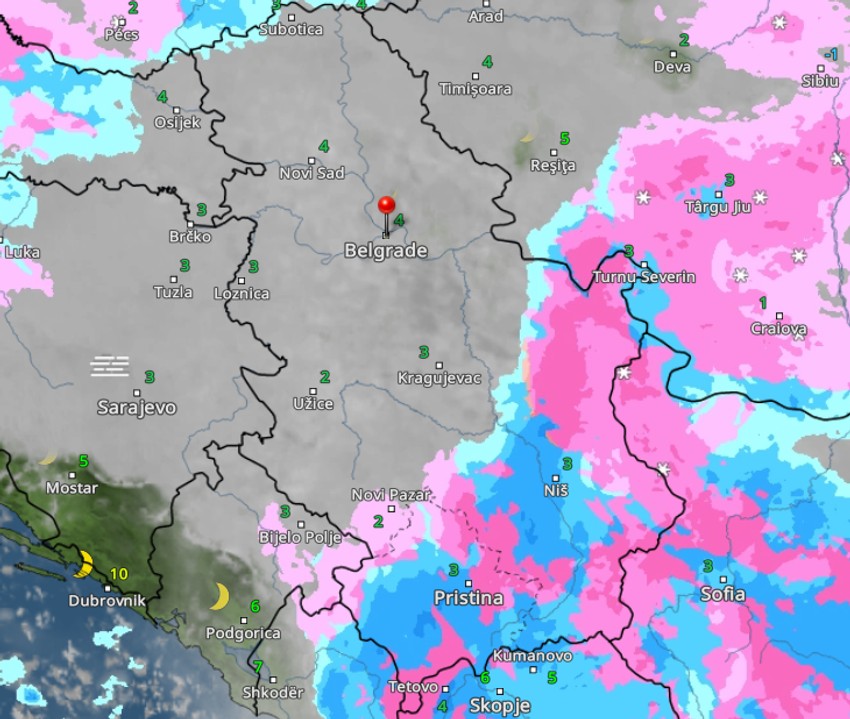 Kretanje padavina u Srbiji u 1 čas sutra