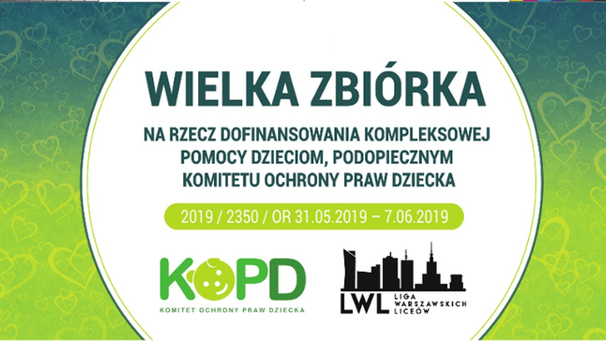 W 28 stołecznych szkołach średnich zrzeszonych w Lidze Warszawskich Liceów w dniach od 31 maja do 7 czerwca br. młodzież organizuje drugą edycję akcji "Błękitny Tydzień" na rzecz podopiecznych Komitetu Ochrony Praw Dziecka. 