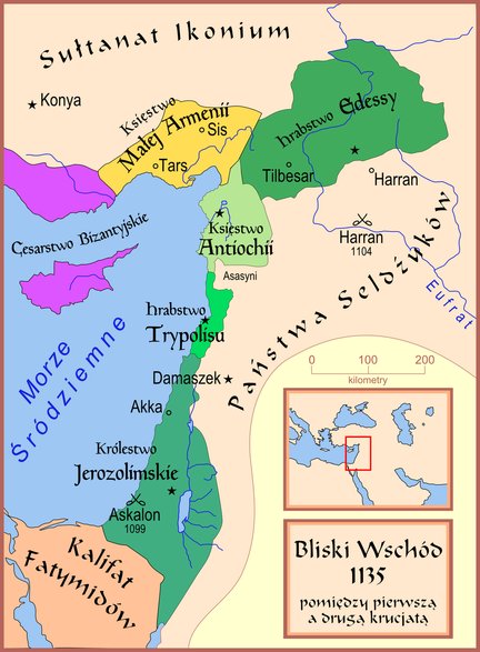 Mapa polityczna Bliskiego Wschodu w roku 1135 (rys. na licencji Creative Commons Uznanie autorstwa–na tych samych warunkach 3.0 niezlokalizowana)