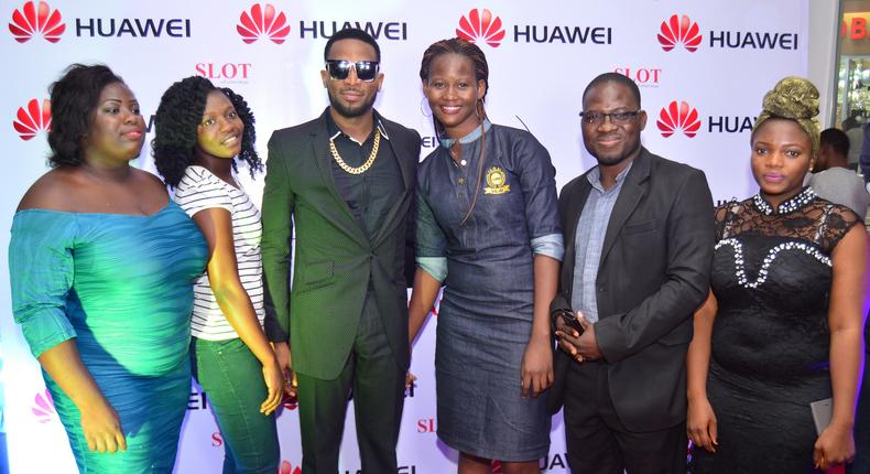 Love Akinlabi, Thatcher Okuegha, award winning singer D'banj, Maureen Orebanjo, Saka Abiola, and Saka Fayidat, at the Huawei Share A Date with Dbanj event held at Silverbird Cinemas Ikeja, Lagos