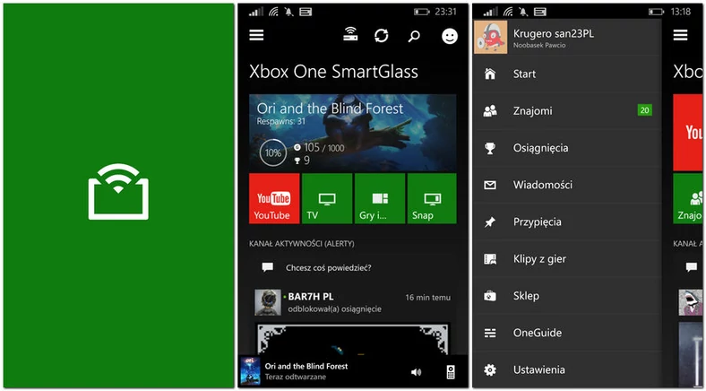 Ekran startowy aplikacji Xbox One SmartGlass i menu z najważniejszymi funkcjami