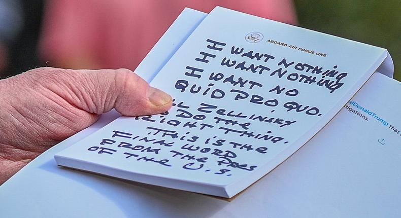 trump quid pro quo handwritten note