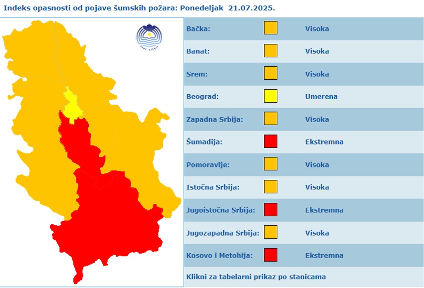 Indeks opasnosti od pojave šumskih požara 21. jula