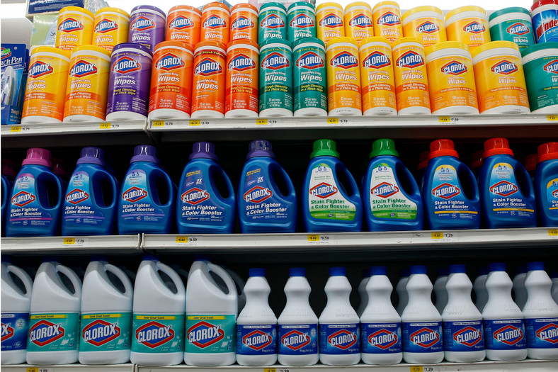 FILE - This July 15, 2011, file photo shows Clorox brand products line the shelf of a supermarket in the East Village neighborhood of New York. A handful of companies are rising to new highs even as stock markets around the world tumble on worries about a rapidly spreading virus. Clorox is close to an all-time high after jumping Monday, Feb. 24, 2020, amid expectations that more homes and hospitals will use its disinfecting wipes, for example. (AP Photo/Mary Altaffer, File)