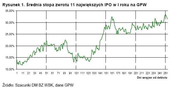 Średnia stopa zwrotu 11 największych IPO w I roku na GPW