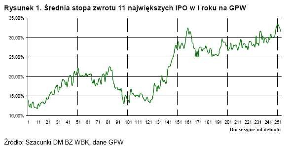 Średnia stopa zwrotu 11 największych IPO w I roku na GPW