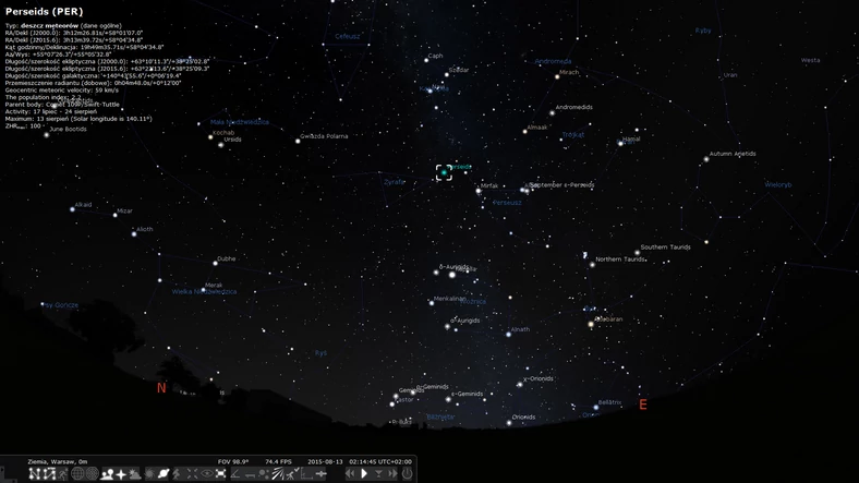 Stąd nadlecą Perseidy. Ilustracja z programu Stellarium pokazuje radiant roju oraz widok na gwiazdozbiór Perseusza ok. godziny 2:00 w nocy z terenu Warszawy. Po kliknięciu pojawi się większy obrazek.