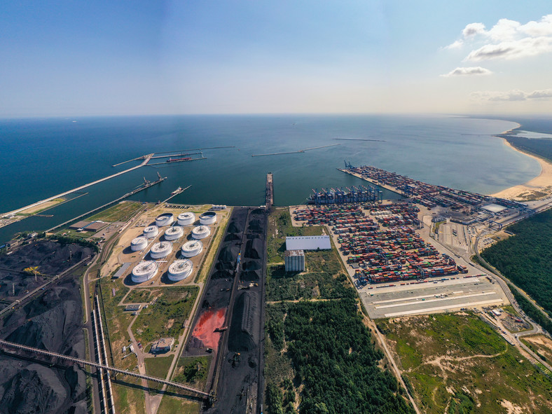 Widok na port w Gdańsku od strony lądu