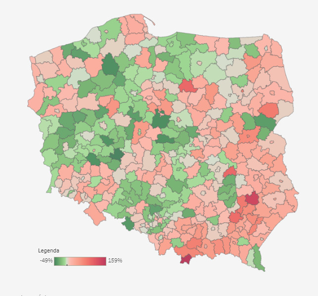 Wzrost zakażeń na COVID-19 w powiatach w Polsce