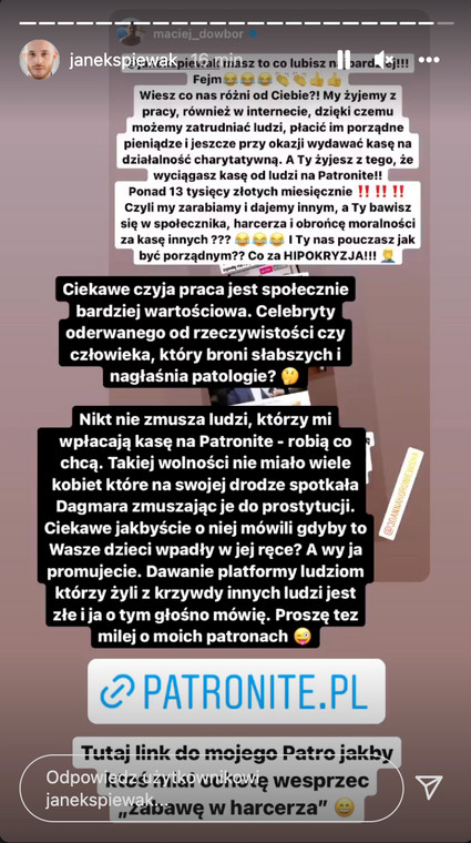 Jan Śpiewak odpowiada Maciejowi Dowborowi na Instagramie