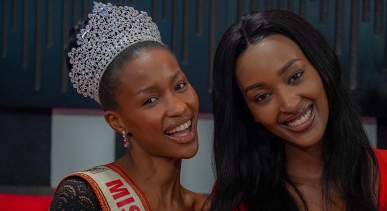 Natasha Nyonyozi poses with the outgoing Miss Uganda Hannah Karema