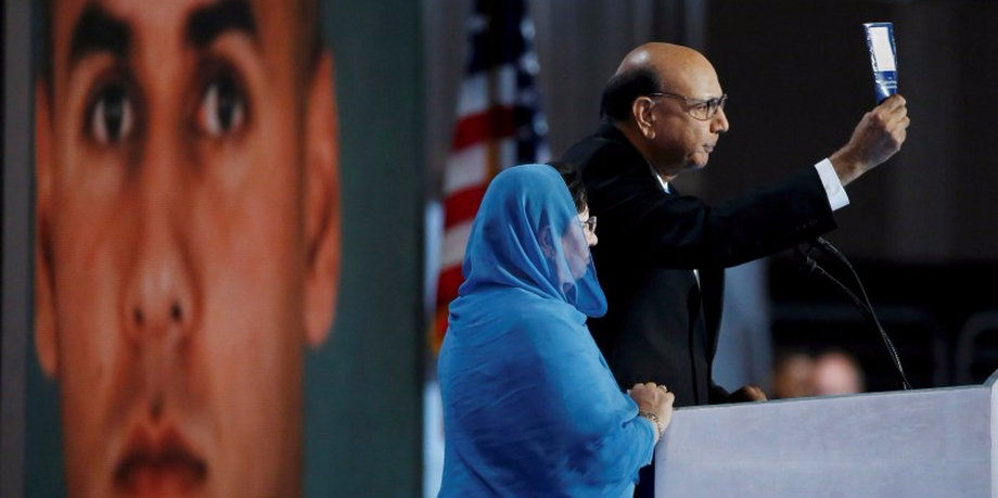 Khizr Khan challenges Republican presidential nominee Donald Trump to read his copy of the U.S. Constitution at the Democratic National Convention in Philadelphia, Pennsylvania.
