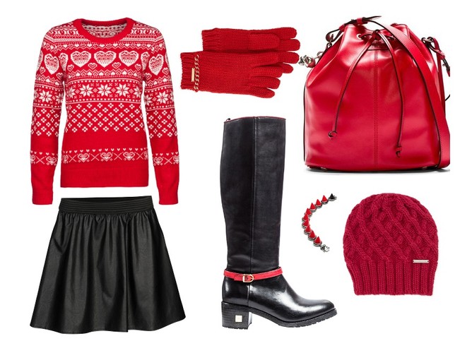 Sweter i spódnica New Yorker, czarne kozaki Carinii z czerwonym paskiem na cholewce, torebka -worek Alexander McQueen, czapka i rękawiczki Michael Kors, bransoletka Eddie Borgo