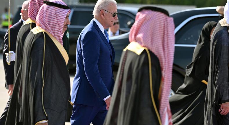 US President Joe Biden boards Air Force One before departing from King Abdulaziz International Airport in the Saudi city of Jeddah on July 16, 2022.MANDEL NGAN/AFP via Getty Images
