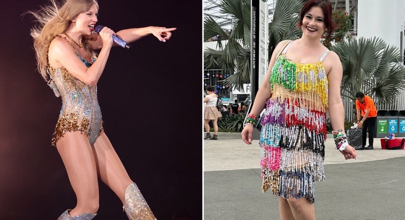 Taylor Swift performing at the Eras Tour at SoFi Stadium in Inglewood on August 7, 2023 (L) and Laura Petty outside of SoFi stadium before the show on August 9, 2023 (R).Allen J. Schaben / Los Angeles Times via Getty Images, Courtesy of Laura Petty