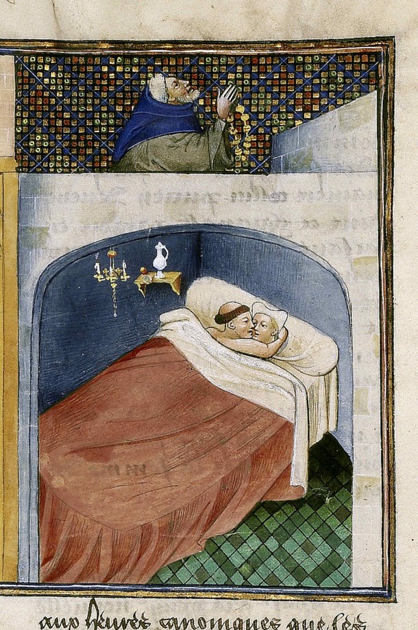 Ilustracja do „Dekamerona Giovanniego Boccaccia, przedstawiająca mnicha, który uprawia seks z kobietą, podczas gdy jej mąż się modli, autor nieznany, 1460 r.