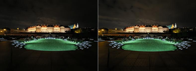 Przykładowe zdjęcia wykonane modułem szerokokątnym w trybie noc z wykorzystaniem standardowego czasu naświetlania 4 sekundy (po lewej) oraz z wydłużonym czasem naświetlania 6 sekund (kliknij, aby powiększyć)  