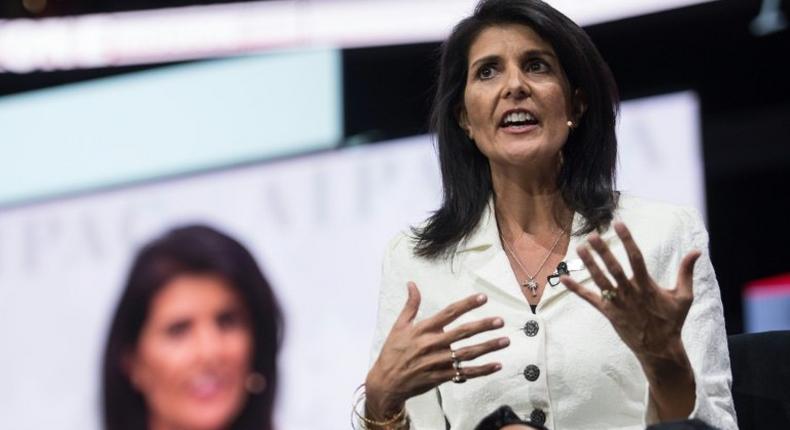 US Ambassador to the United Nations Nikki Haley addresses the American Israel Public Affairs Committee (AIPAC) policy conference