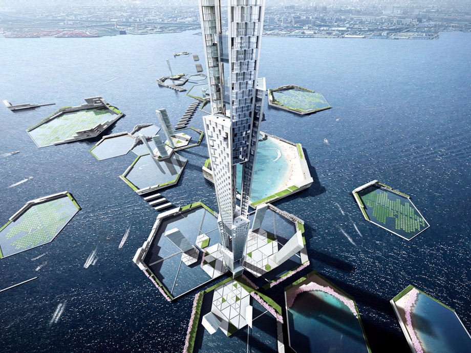 The proposal is part of a wider goal to build a mega-city with a resilient infrastructure to battle the rising sea levels and typhoon risks surrounding Tokyo Bay. The skyscraper would be surrounded by rings that are positioned to break up strong waves while also allowing ships to pass.