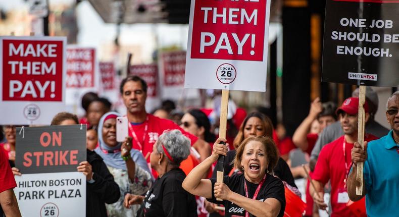 Over 10,000 hotel workers are on strike, including over 900 workers in Boston.JOSEPH PREZIOSO/AFP via Getty Images